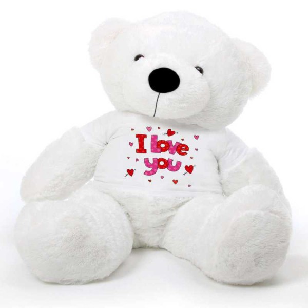 White 5 feet Big Teddy Bear wearing a I Love You T-shirt